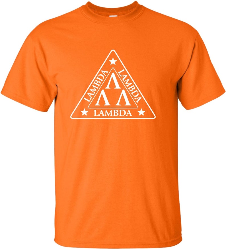 May include: Orange t-shirt with a white triangle logo featuring the text "Lambda" and the Greek letter "Lambda" repeated three times.