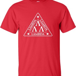 May include: Red t-shirt with a white triangle logo featuring the text "Lambda" and the Greek letter "Lambda" repeated three times.