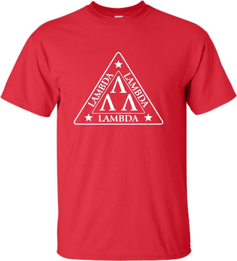 May include: Red t-shirt with a white triangle logo featuring the text "Lambda" and the Greek letter "Lambda" repeated three times.