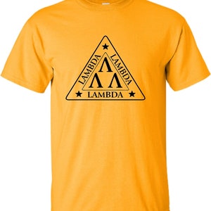 May include: A yellow t-shirt featuring a black triangular logo. The triangle has a star at each point and the text "Lambda" written on each side. Inside the triangle are three black "A"s stacked on top of each other.