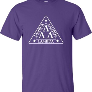 May include: Purple t-shirt with a white triangle logo featuring the text "Lambda" and three white "A"s.