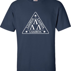 May include: A navy blue t-shirt with a white triangle logo. The logo features the word "Lambda" three times and three white Greek letter "Lambda" symbols. The logo is surrounded by three white stars.