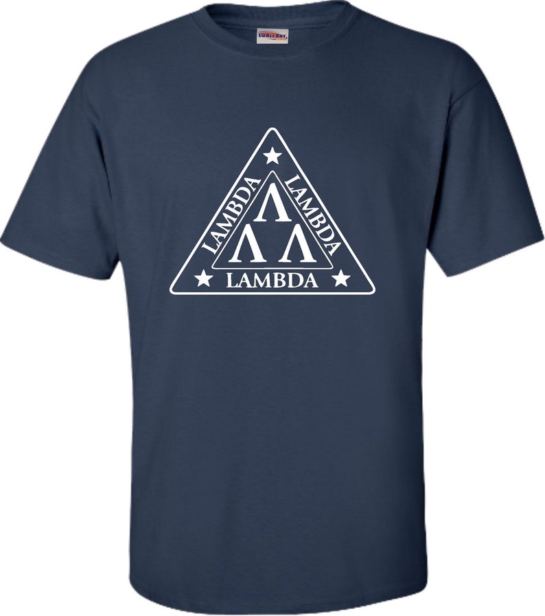 May include: A navy blue t-shirt with a white triangle logo. The logo features the word "Lambda" three times and three white Greek letter "Lambda" symbols. The logo is surrounded by three white stars.