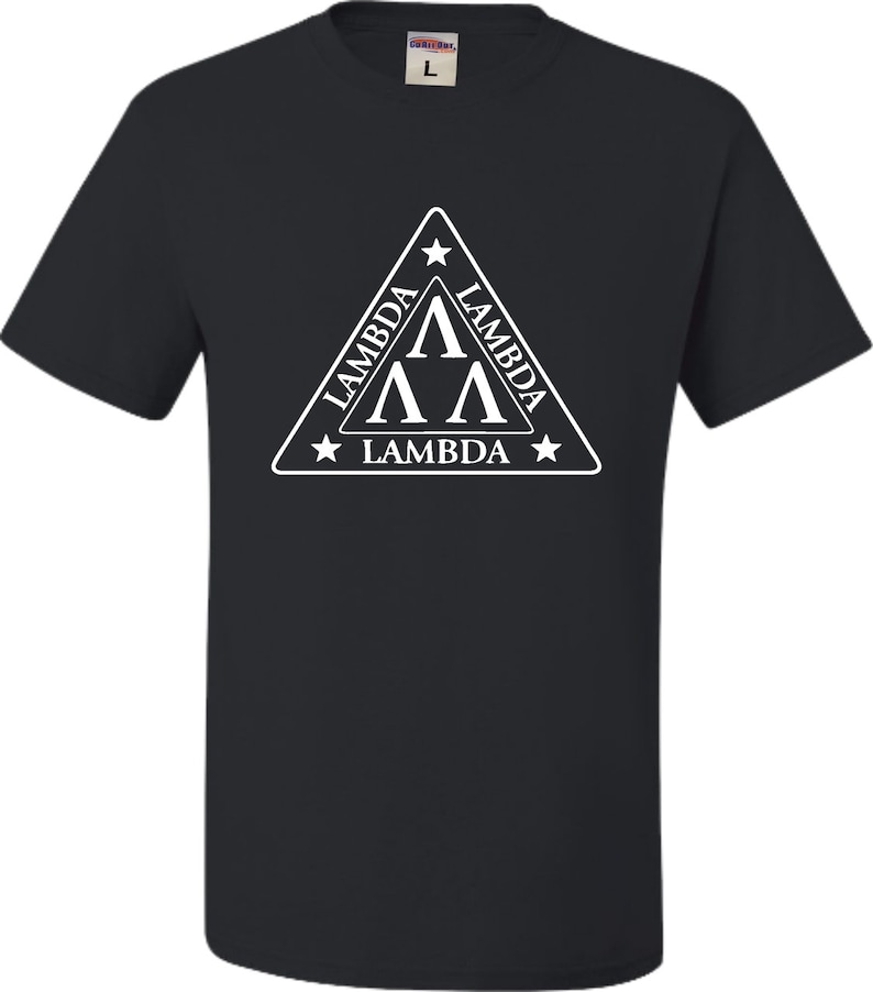 May include: Black t-shirt with a white triangle logo featuring the word "Lambda" and the Greek letter "Lambda" repeated three times.