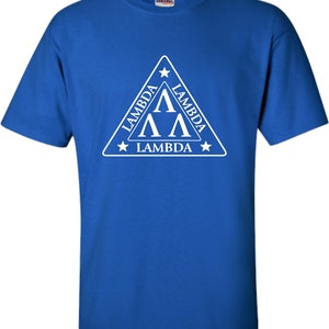 May include: A royal blue t-shirt with a white triangle design featuring the text "Lambda" and the Greek letter "Lambda" repeated three times.