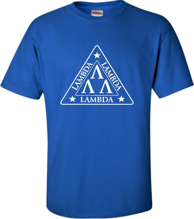 May include: A royal blue t-shirt with a white triangle design featuring the text "Lambda" and the Greek letter "Lambda" repeated three times.