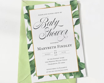Classic Botanical Drive-by Baby Shower Invitation Template, Baby Shower Invitation, Drive-by, Virtual, Gender neutral, template #A103