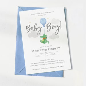 Baby Boy Florida Gator, Alligatore, Modello di invito per la festa, Inviti per la festa del bambino, Invito modificabile, Modello di invito n. 15