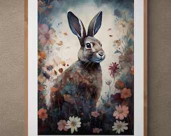 Nursery Wall Art, Rabbit and Flowers, Wild Flowers, Girls and Boys Bedroom, Play Room Pictures, Bunny Art, Bunny and Flowers Nursery Decor