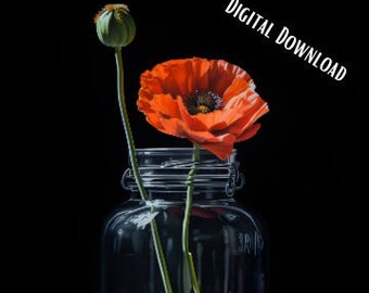 Houseplant Art, Botanical Art, Plant Posters, poppy, mason jar, Home Decor, Moody Watercolor Painting, Digital, Potted Plant