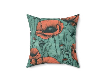 Poppy Flower Floral Throw Pillow Spun Polyester Square Pillow Farmhouse Decor Floral Decor