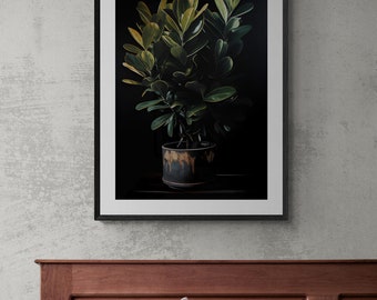 Houseplant Art, Botanical Art, Plant Posters, zz plant, Greenery Foliage, Home Decor, Moody Watercolor Painting, Digital, Potted Plant