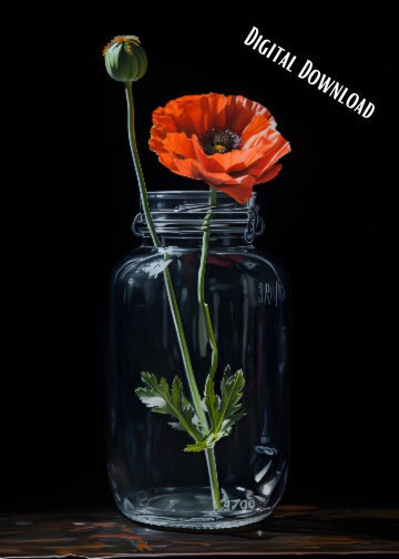 Houseplant Art, Botanical Art, Plant Posters, poppy, mason jar, Home Decor, Moody Watercolor Painting, Digital, Potted Plant image 1