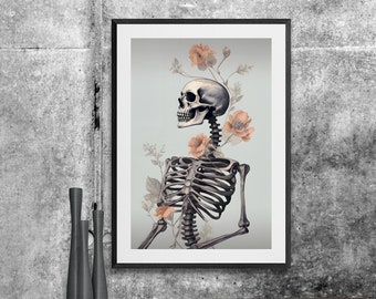 Botanical Skeleton Painting, Vintage Poster, Art Poster Print, Dark Academia, Haunting Ghost, Halloween Decor, Floral Art, Victorian Style