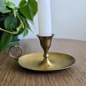 Vintage Brass Chamberstick Candle Holder | Taper Holder with Finger Loop | Made in India | Colonial Revival Style | Brass Bedside Candlehold