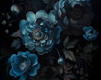 Victorian Floral Plant Printable Dark Wall Art Botanical Leaves Blue Boho Art Digital Downloadable Instant Download Living Room Art
