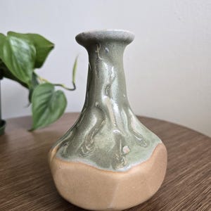 Handmade Studio Pottery Vase – Green Drip Glaze over Raw Clay | 5.5&quot; Tall