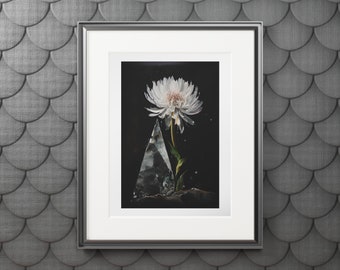 Quartz Crystal And White Flower Art Print PHYSICAL PRODUCT Home Decor Classy Wall Decor Black and White Classic Art