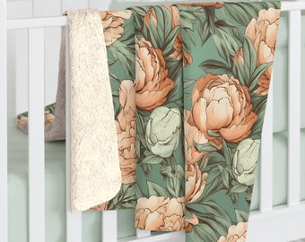 Peony Floral Peach and Mint Sherpa Fleece Blanket Nursery Decor Baby Blanket Throw Blanket Soft