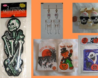 May include: A set of Halloween decorations including two jointed skeleton cutouts, two pairs of skeleton earrings, two skull earrings, a bag of 40 trick or treat bags, and two trick or treat bags with a scarecrow and ghost design.