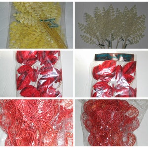 May include: Assortment of red and yellow artificial leaves in plastic bags. The leaves are made of a soft, velvety material. The bags are labeled with the words "Garden Leaves".