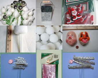May include: Assortment of craft supplies including white styrofoam balls, white plastic flowers, white plastic sticks, a small metal bucket, a package of gold foil, and a package of gold glitter letters that spell out "Congratulations".