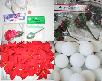 May include: Assortment of craft supplies including red poinsettia flowers, white styrofoam balls, and various floral stems with red berries, pine cones, and leaves. The packaging includes the text "Accent Design" and "Oriental Harvest".