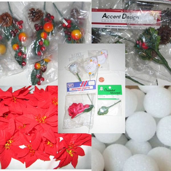 Vintage Christmas Holiday Floral Berries and Pine Cone Picks, 2 1/4" Styrofoam Balls, and Poinsettia Floral Picks