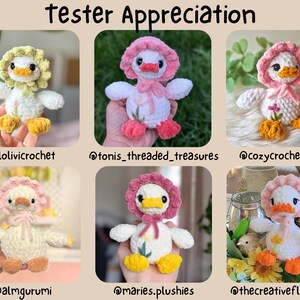 May include: A collage of six crocheted duck plushies, each with a unique bonnet and scarf. The ducks are white with yellow or pink accents, and each has a different expression. The text "Tester Appreciation" is at the top.
