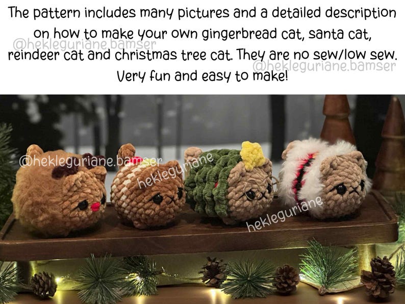 May include: Four small, round, crocheted cat figures featuring different holiday themes: a reindeer cat with antlers, a gingerbread cat, a Christmas tree cat with a yellow star, and a Santa cat with white fur trim and a red stripe.