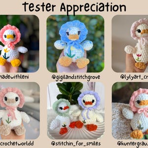 May include: A collection of six crochet duck toys, each with unique details. The ducks feature white bodies, colorful bonnets, and flower accents. The text "Tester Appreciation" is at the top. Social media handles are listed below each duck.