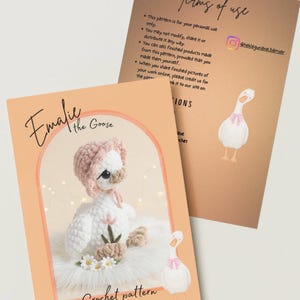 May include: An image of two cards. One card features a crochet goose wearing a pink bonnet and a pink bow. The other card has the text "Terms of Use" and a drawing of a goose with a pink bow. The text "Emalie the Goose Crochet pattern" is also visible.