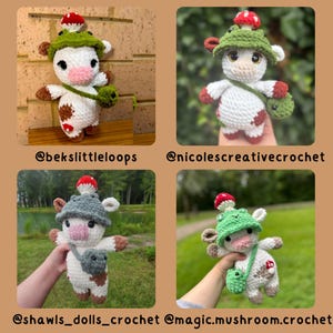 May include: Four crochet cow dolls, each with a unique mushroom hat and small bag. The cows are white with brown spots and red accents. The dolls are handmade and feature the social media handles @bekslittleloops, @nicolescreativecrochet, @shawls_dolls_crochet, and @magic.mushroom.crochet.
