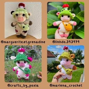 May include: Four crocheted cow dolls, each with unique features. One doll has a green hat with a mushroom, another has a frog hat, and two others have different hats. Each doll has a small bag. The dolls are in different settings.