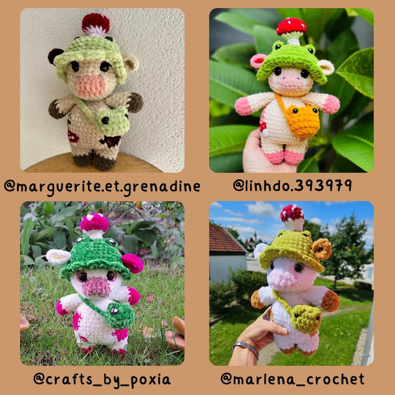 May include: Four crocheted cow dolls, each with unique features. One doll has a green hat with a mushroom, another has a frog hat, and two others have different hats. Each doll has a small bag. The dolls are in different settings.