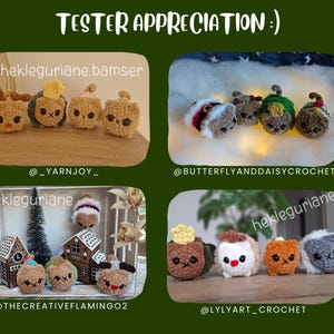 May include: A collection of small, square-shaped crocheted plush toys featuring various colors and embroidered facial details. The image displays four distinct groupings of these soft, yarn-based figures, each labeled with social media handles.