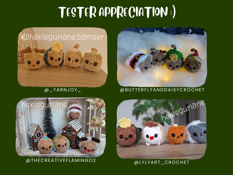 May include: A collection of small, square-shaped crocheted plush toys featuring various colors and embroidered facial details. The image displays four distinct groupings of these soft, yarn-based figures, each labeled with social media handles.