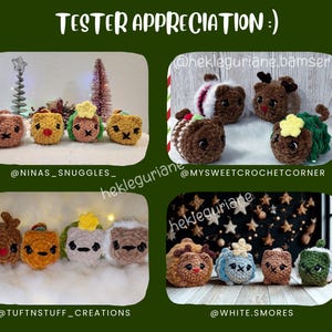 May include: A collage of four images featuring small, handmade crochet plushies with embroidered facial features. The plushies are round, textured, and come in various colors including brown, yellow, and green, with some wearing small crocheted accessories.