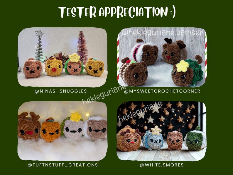 May include: A collage of four images featuring small, handmade crochet plushies with embroidered facial features. The plushies are round, textured, and come in various colors including brown, yellow, and green, with some wearing small crocheted accessories.