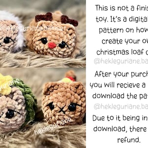 May include: A digital PDF pattern for crocheted Christmas loaf cats. The image displays four plush cat figures with textured brown yarn, black eyes, and embroidered faces. Text states: This is not a finished toy. It's a digital pdf pattern.