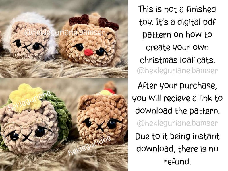 May include: A digital PDF pattern for crocheted Christmas loaf cats. The image displays four plush cat figures with textured brown yarn, black eyes, and embroidered faces. Text states: This is not a finished toy. It's a digital pdf pattern.