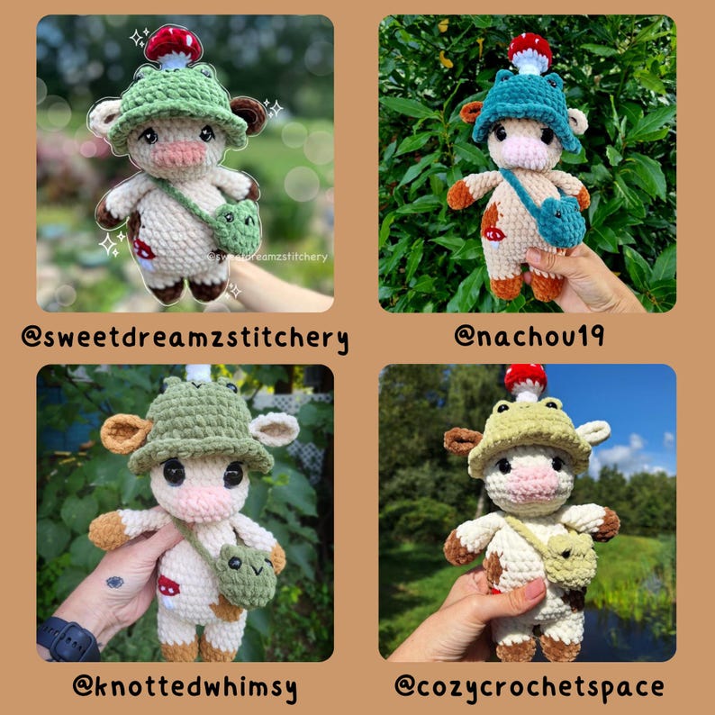 May include: Four crochet cow dolls, each with a unique hat and small bag. The cows have white bodies with brown spots, and the hats are green or blue with a red mushroom on top. The bags are green and shaped like frogs.