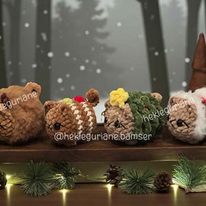 May include: Four small, round, crocheted plush figures arranged in a row. The first is brown with antlers, the second is brown with white stripes, the third is green with a yellow star, and the fourth is white and brown with a brown cone on top.