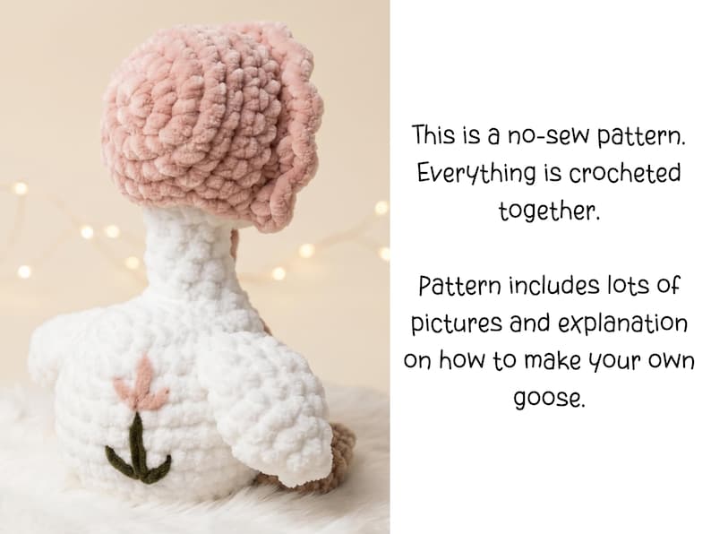 May include: A handmade crochet goose with a pink head and white body. The goose has a flower design on its back. The text on the right says, "This is a no-sew pattern. Everything is crocheted together. Pattern includes lots of pictures and explanation on how to make your own goose."