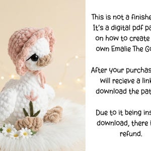 May include: A crocheted white goose toy wearing a pink bonnet and a pink flower on its chest. The goose has black eyes and a tan beak. The image includes text that says, "This is not a finished toy. It's a digital pdf pattern on how to create your own Emalie The Goose."