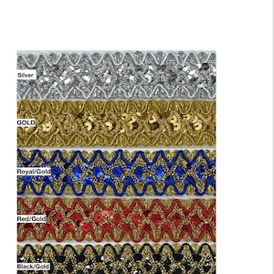 May include: Five different colours of trim with gold sequins. The colours are silver, gold, royal blue, red, and black.