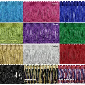 May include: A selection of 12 colours of fringe trim, including turquoise, fuchsia, royal, lime, purple, green, gold, silver, red, black, Mardi Gras, and red white blue.