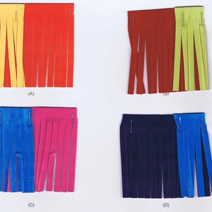 May include: Four samples of fringed fabric in different colors. The top left sample is yellow and red. The top right sample is green and red. The bottom left sample is blue and pink. The bottom right sample is blue and purple. Each sample is labeled with a letter, A through D.
