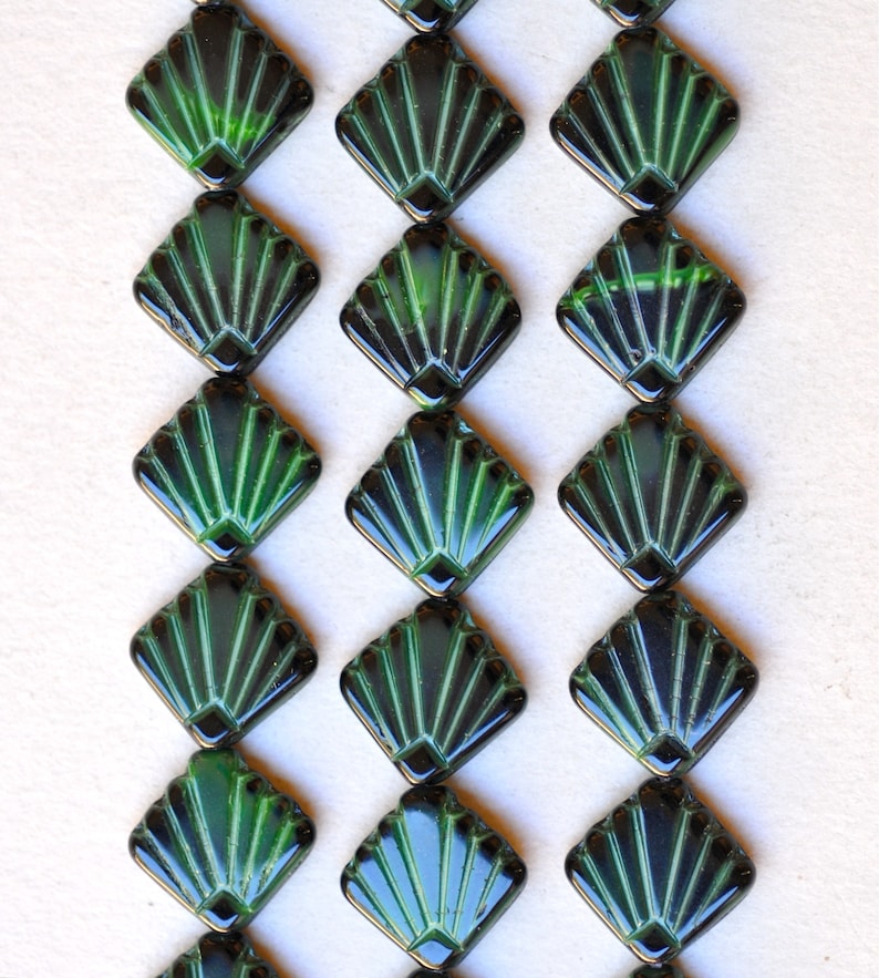 Flat Shell Fan Bead Czech Glass Shell Beads 17mm x 17mm Various Opaque Colors Qty 10 or 30 Malachite