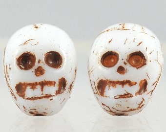 Czech Glass Skull Beads - 14mm x 11mm - Halloween Beads - White Brown or Black Silver - Qty 10 or 20